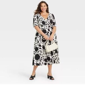Ava & Viv Monochrome Black White Midi Floral Dress Size 3X